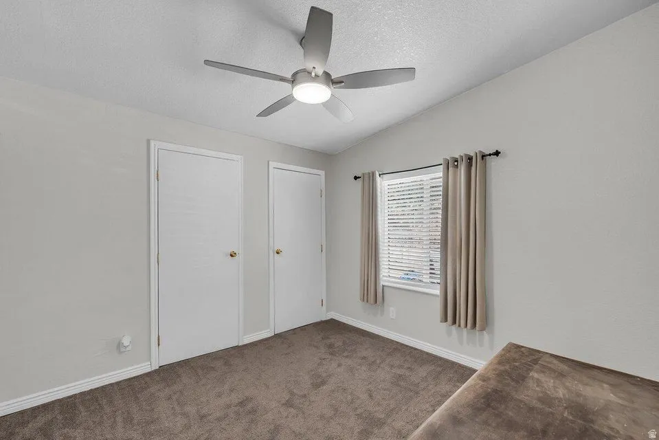 Light gray walls with white trim, gray carpet flooring, two white panel doors with gold-tone hardware, and a window with white blinds and beige curtains