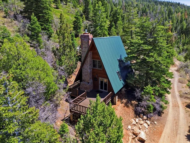 A-frame cabin featuring a green metal roof, natural wood siding, and a stone chimney