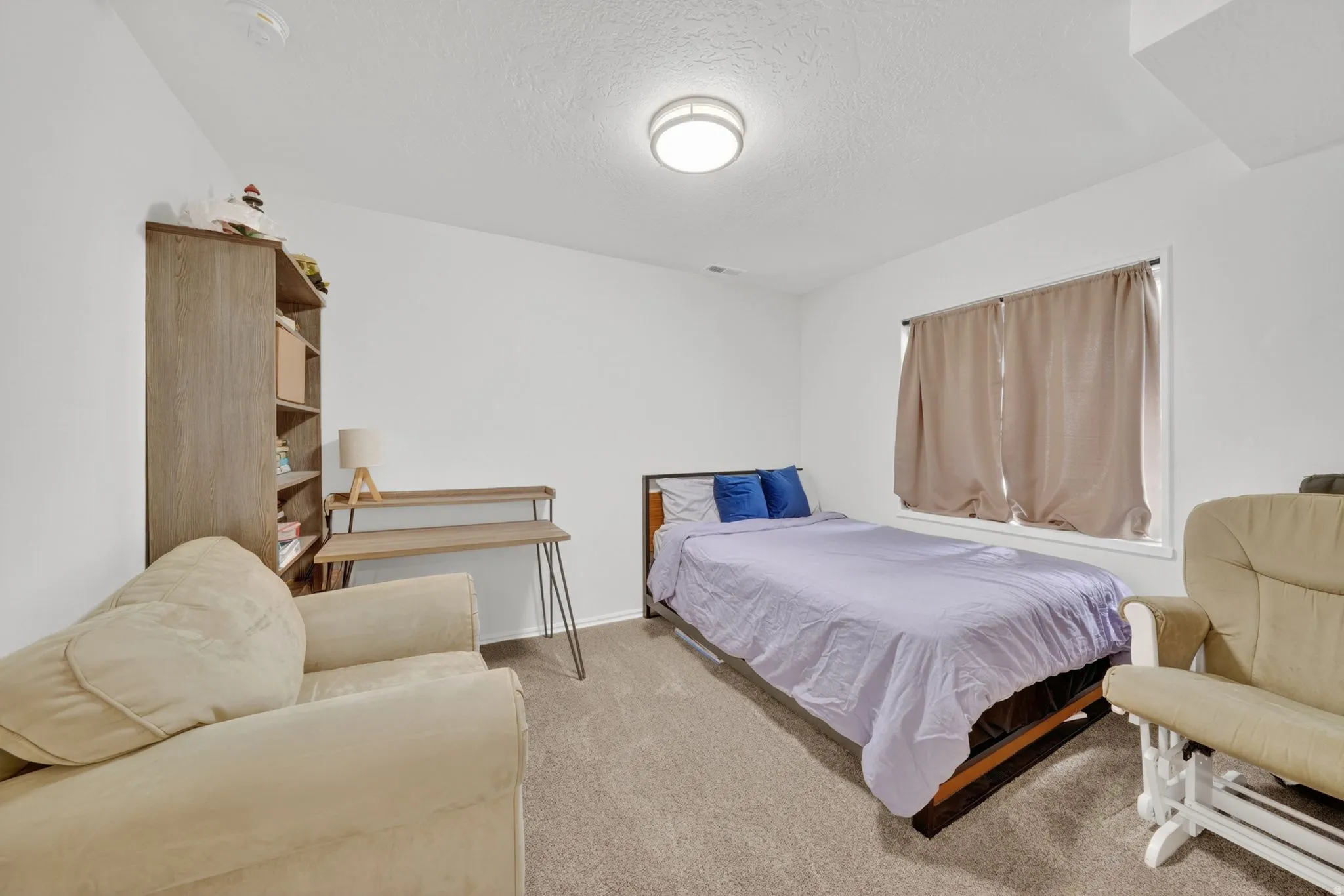 Carpeted room with a ceiling-mounted light fixture and white walls