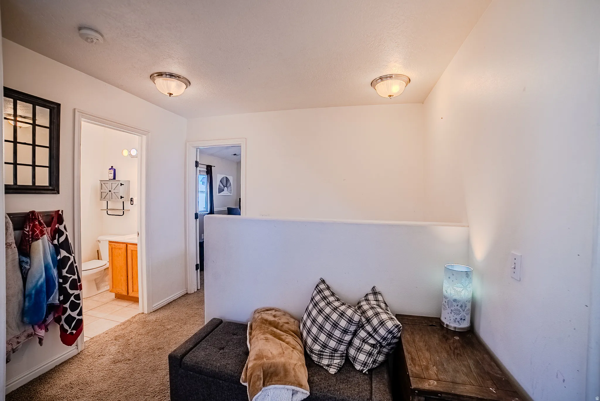 Plush carpeted hallway with flush-mount ceiling lights