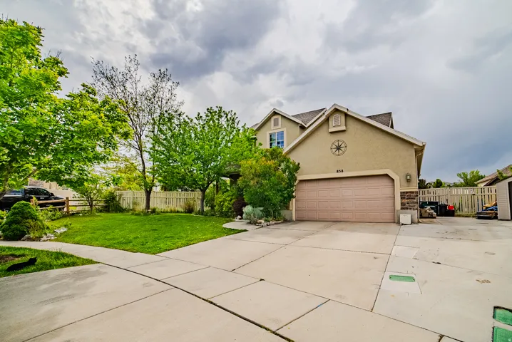 Stucco exterior residence featuring an attached garage with a panel door, a concrete driveway, and a front lawn with mature trees and shrubs