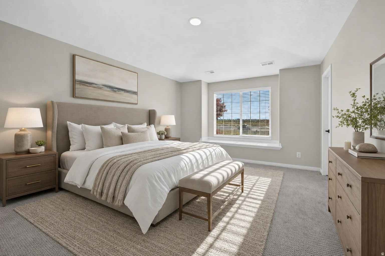 Windowed room featuring a neutral color palette, recessed lighting, and carpeted flooring