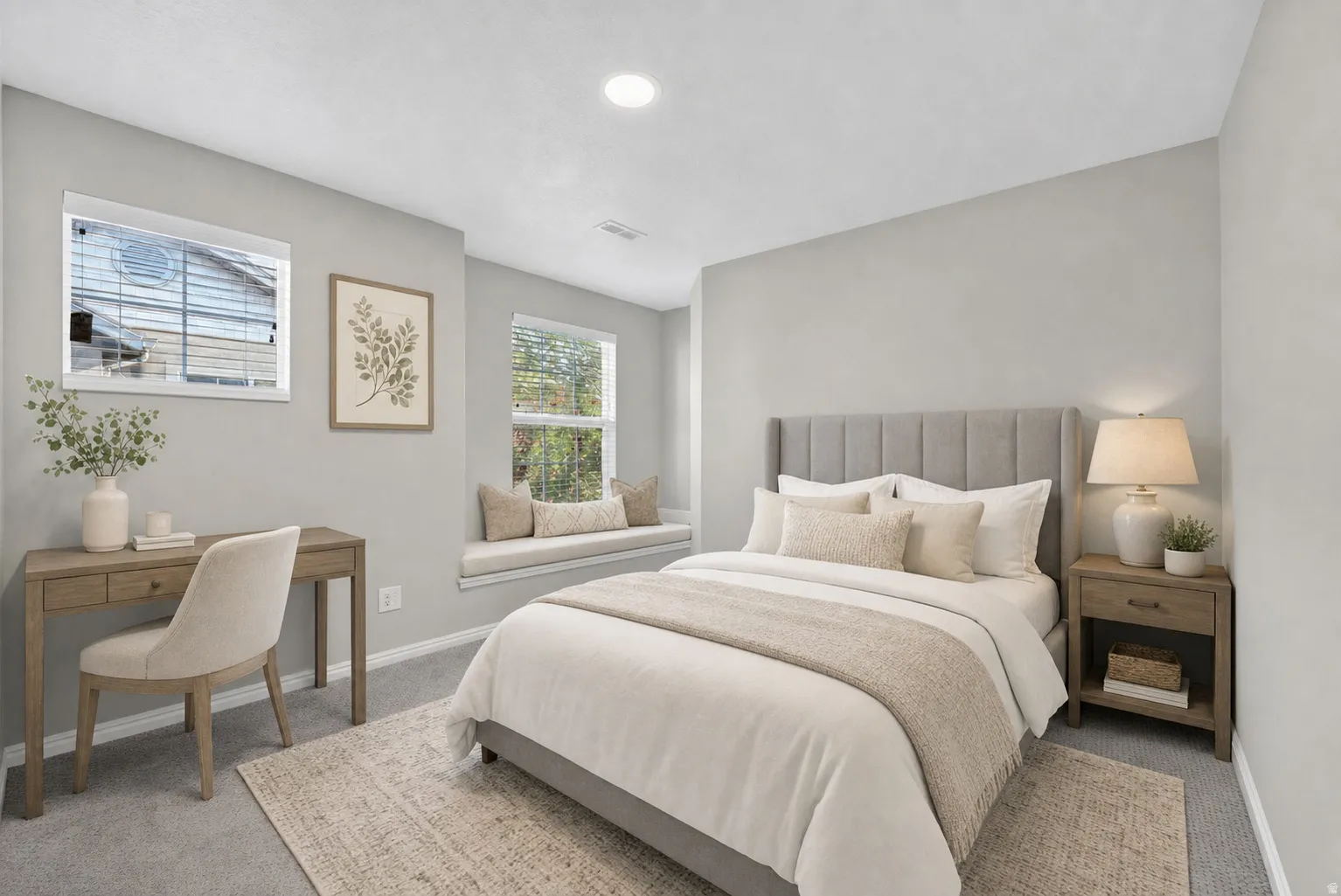 Bedroom featuring light gray wall paint, carpeting, a built-in window seat, recessed lighting, and a window with blinds