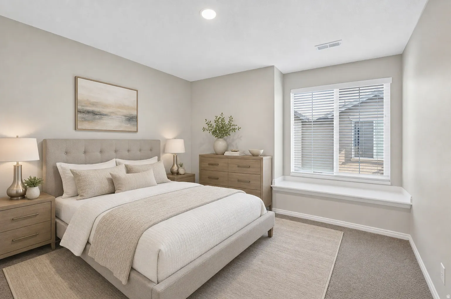 Spacious room featuring neutral-toned walls and carpeted flooring