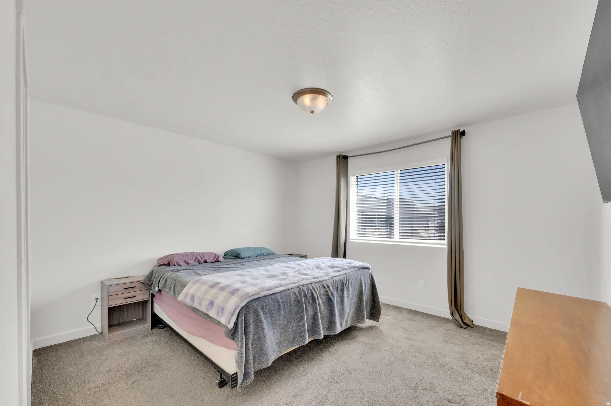 Bright bedroom featuring a large window with blinds, neutral carpet flooring, and a flush mount ceiling light fixture