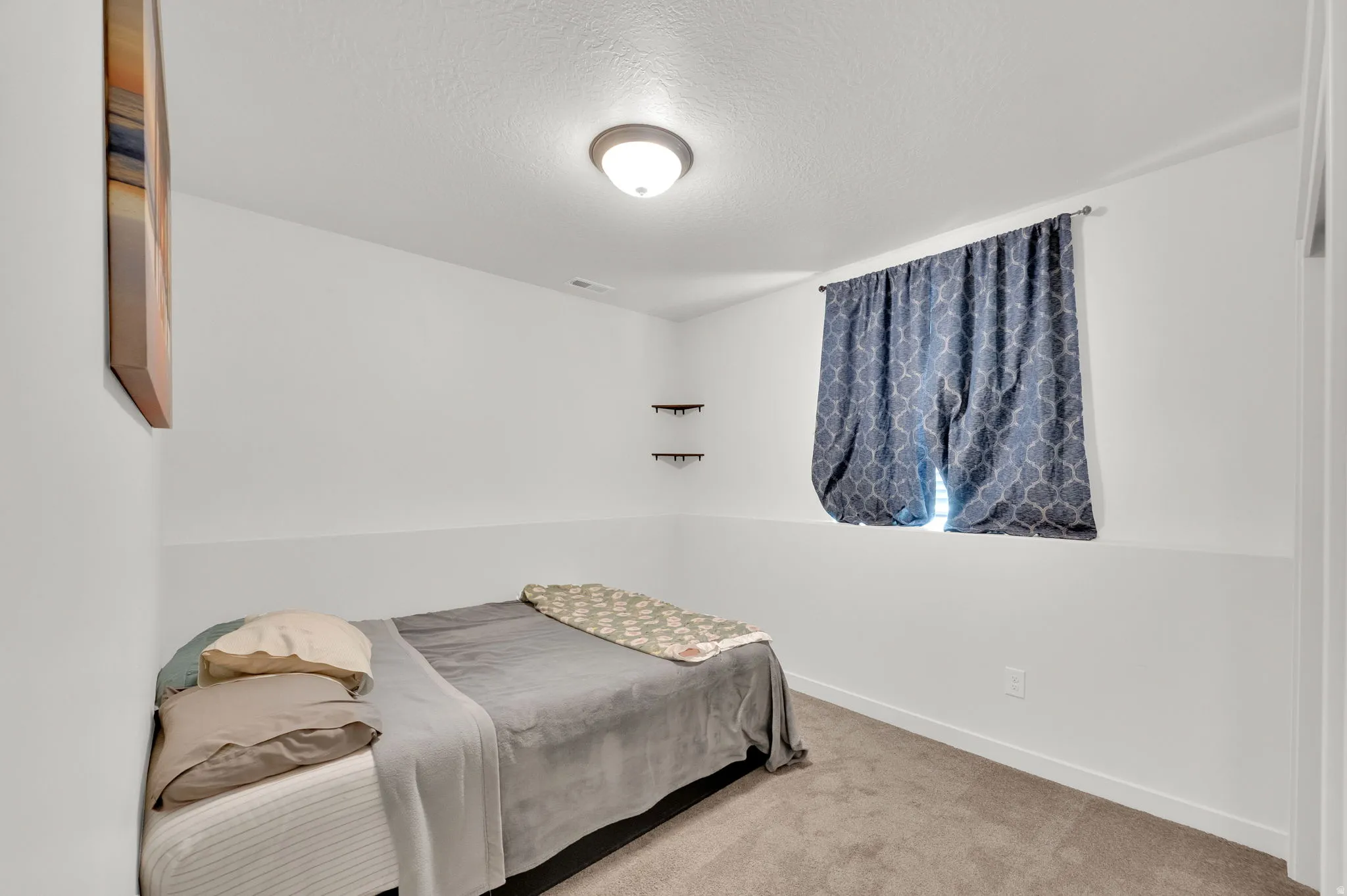 Carpeted room featuring a window with patterned curtains, a flush-mount ceiling light, and wall-mounted shelving