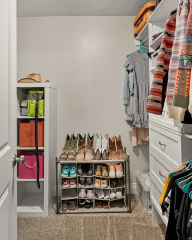 Built-in shelving and drawer storage systems, plush carpet flooring, and a neutral color palette