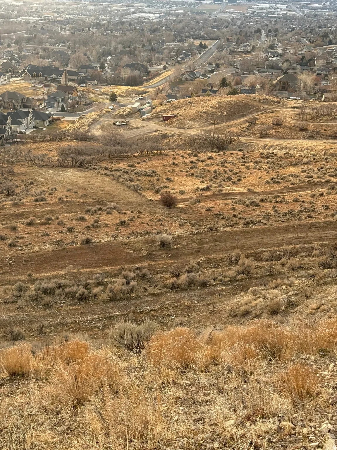 Sloping terrain with natural vegetation, offering distant urban and suburban scenery