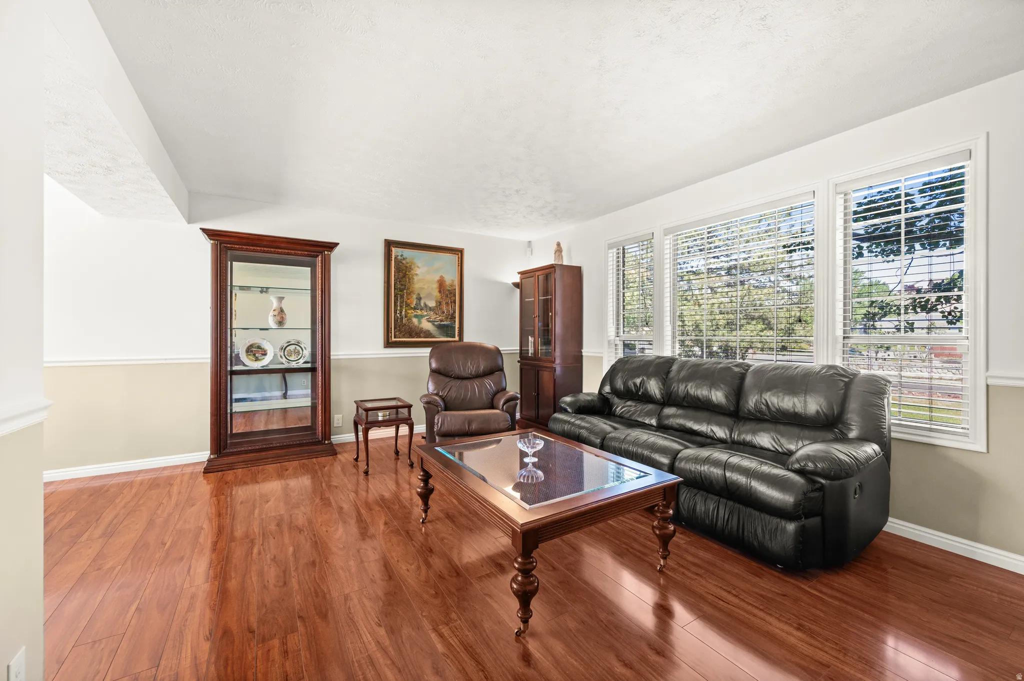 Spacious living area featuring rich wood-finish flooring, multiple large windows, and a two-tone wall treatment