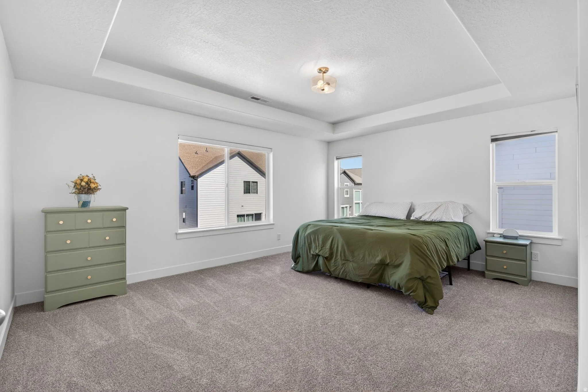 Spacious primary room featuring a tray ceiling with a central light fixture, carpet flooring, and multiple windows