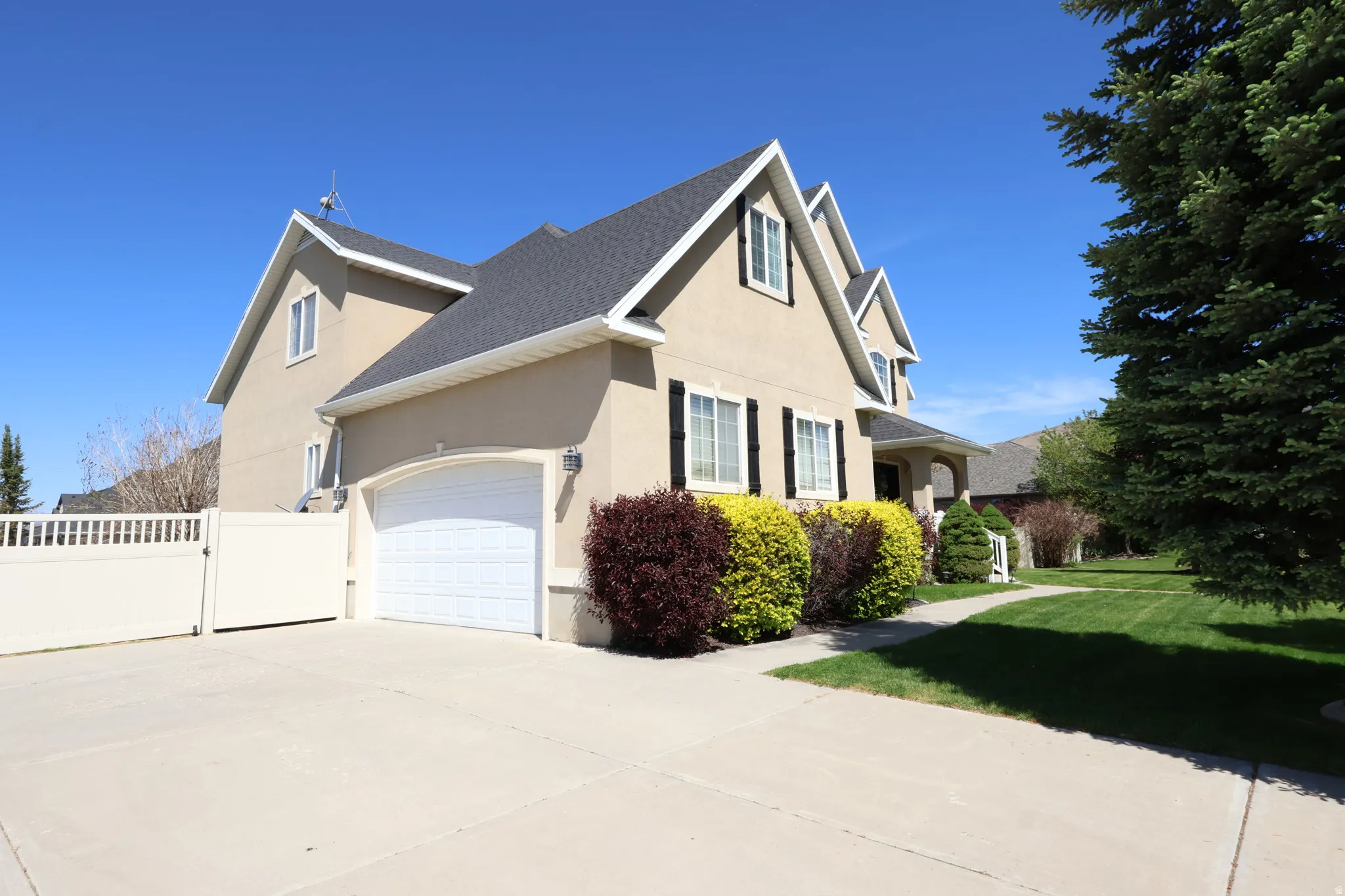 Stucco exterior residence featuring a dark shingle roof, attached garage, concrete driveway, and front landscaping with mature shrubs and a large tree