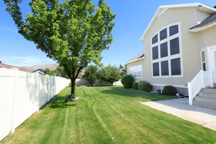 Expansive lawn area featuring a mature tree, along with a white privacy fence