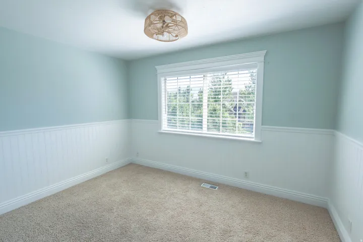 Light-filled room featuring a broad window with blinds, wainscoting, and carpet flooring