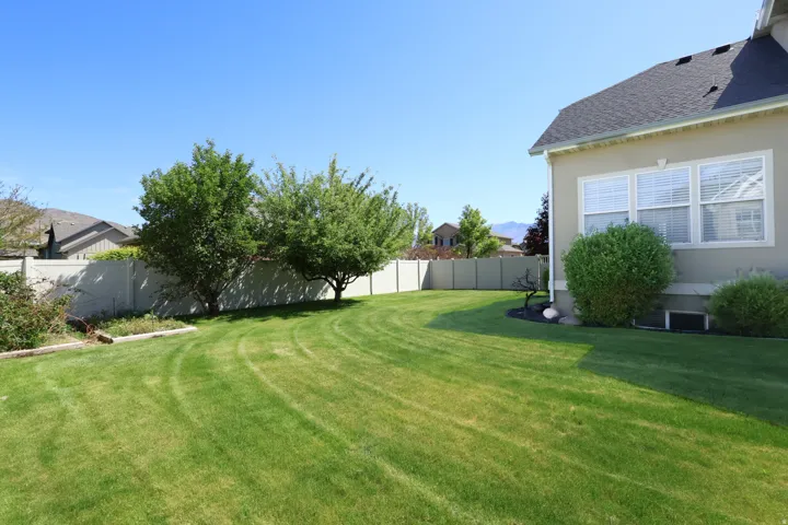 Expansive green lawn with a perimeter fence, mature trees, and a stucco exterior