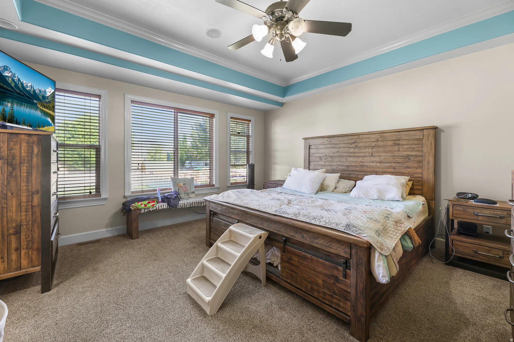 Tray ceiling with accent color and crown molding, ceiling fan, three paneled windows with blinds, and carpeting