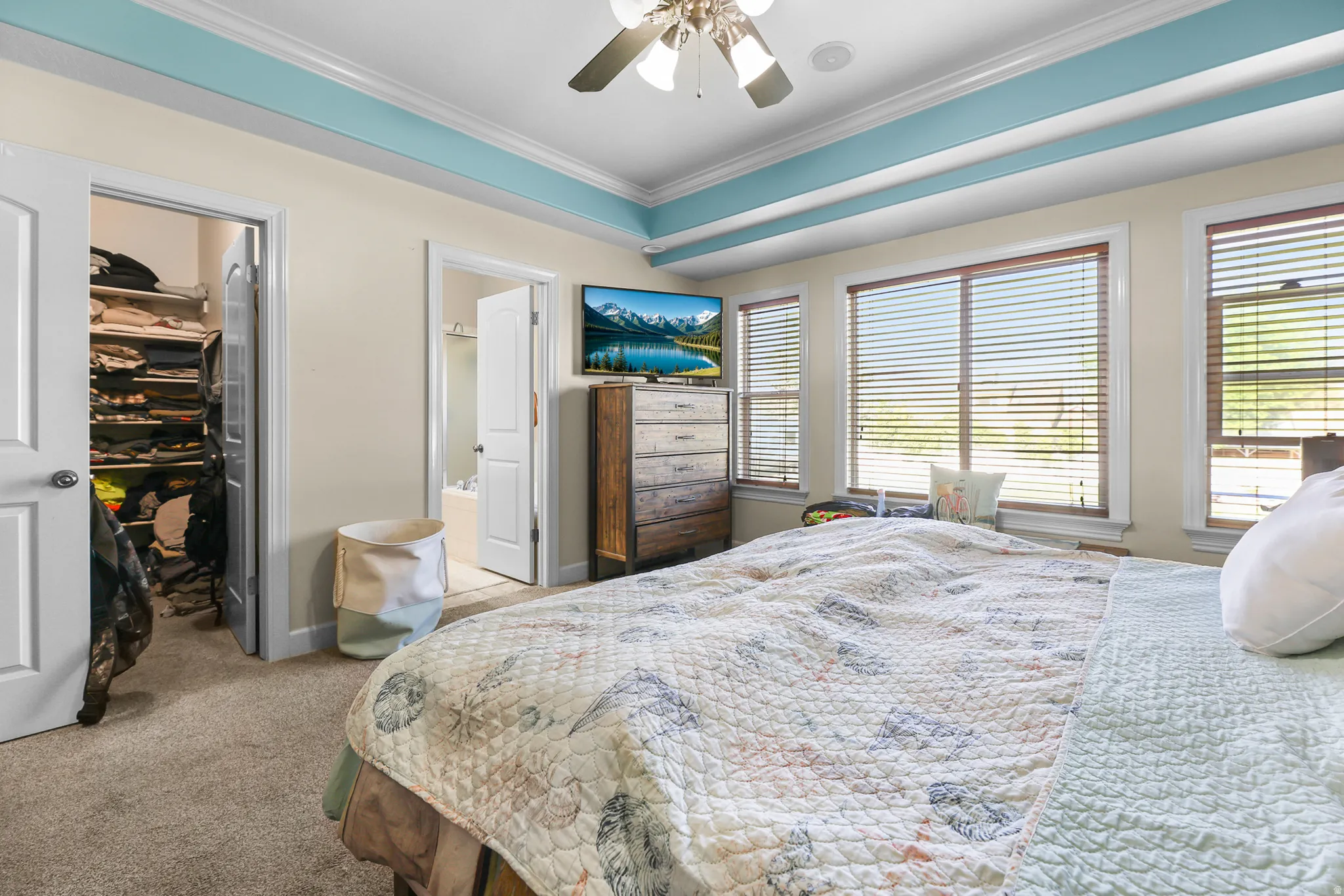 Carpeted bedroom with a tray ceiling featuring light blue and white trim, multiple windows with blinds, and a ceiling fan