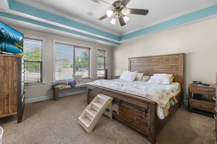 Tray ceiling with accent color and crown molding, ceiling fan, three paneled windows with blinds, and carpeting