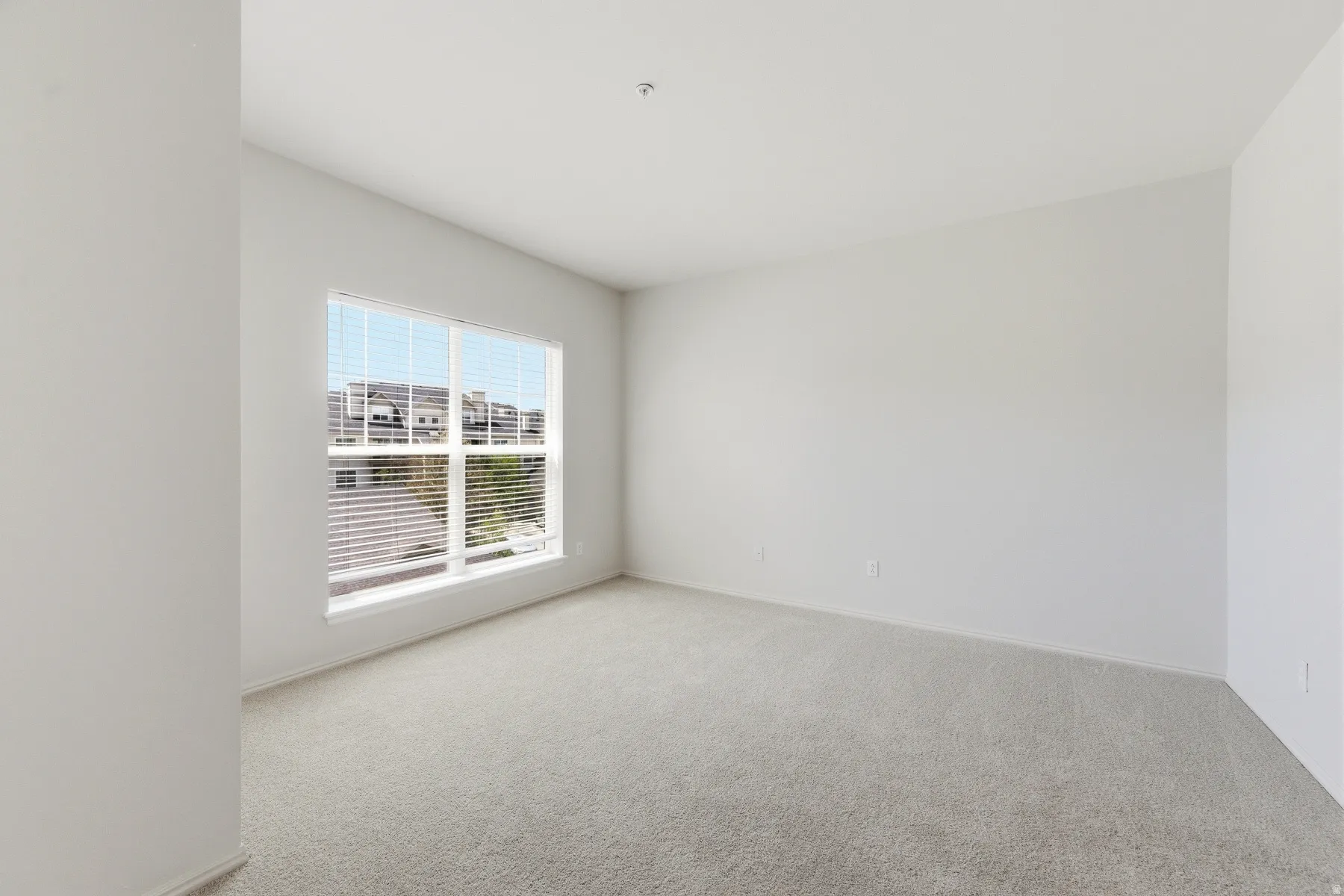 Spacious room featuring neutral carpeting, light-toned walls, and a large window with horizontal blinds