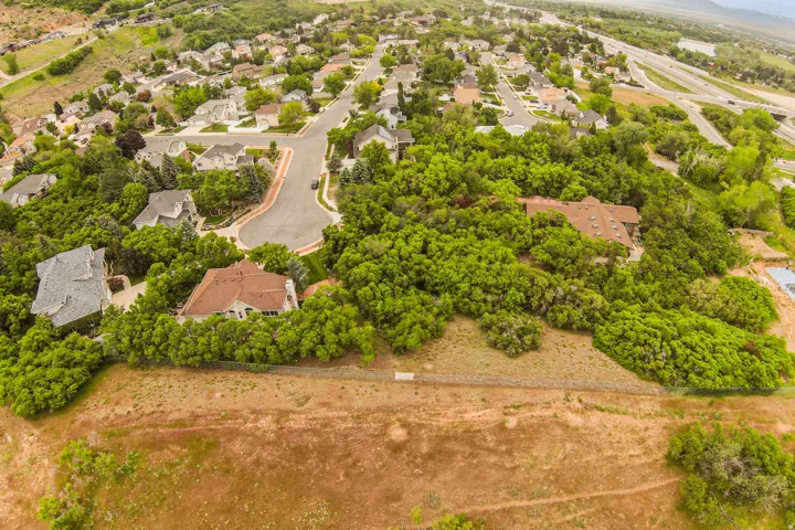 Aerial perspective of a residential area featuring multiple single-family homes with pitched roofs and surrounding mature trees
