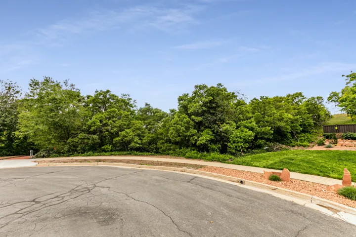 Lush green landscaping with mature trees, manicured lawn, and decorative rock features