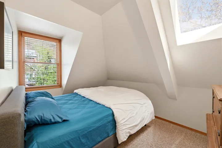 Bedroom featuring sloped ceilings, a wood-framed window with blinds, and a skylight
