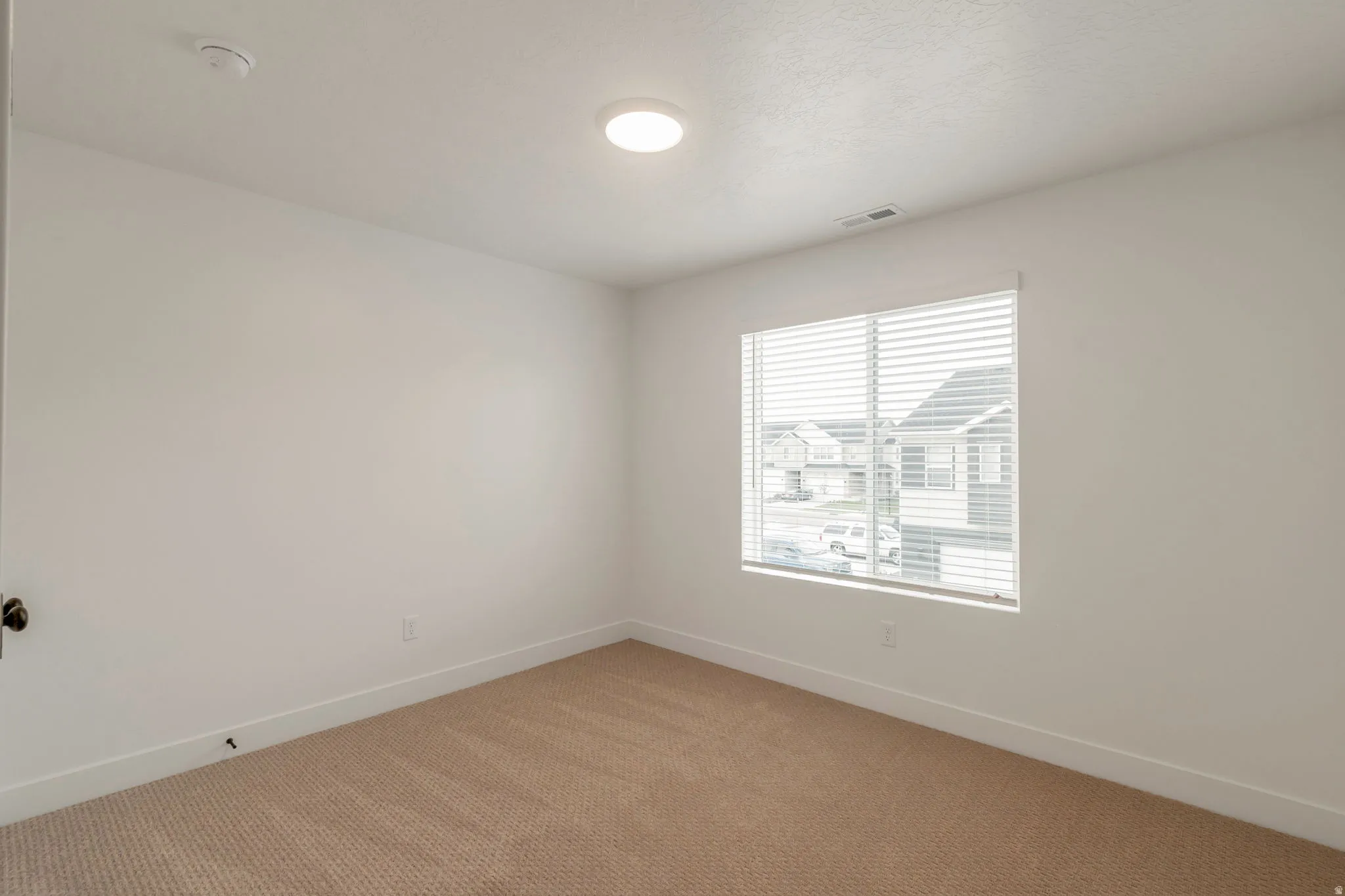 Room featuring light beige carpeting, white walls, a single window with horizontal blinds, and a flush-mount ceiling light