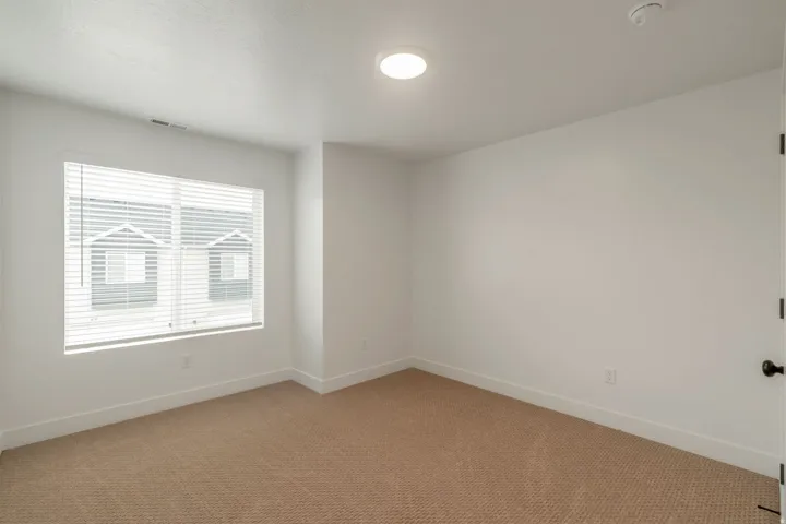 Room featuring a large window with horizontal blinds, neutral-toned carpeting, white baseboards, and a ceiling-mounted light fixture