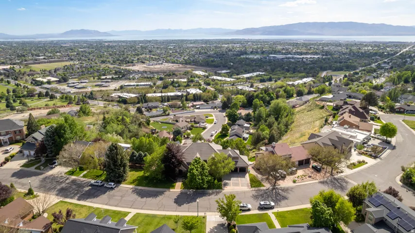 Expansive aerial perspective showcasing a residential neighborhood with varied architectural styles