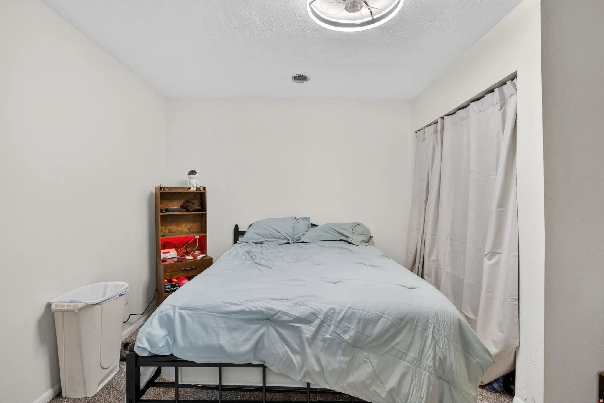 Carpeted room featuring a ceiling-mounted light fixture and a closet with fabric doors