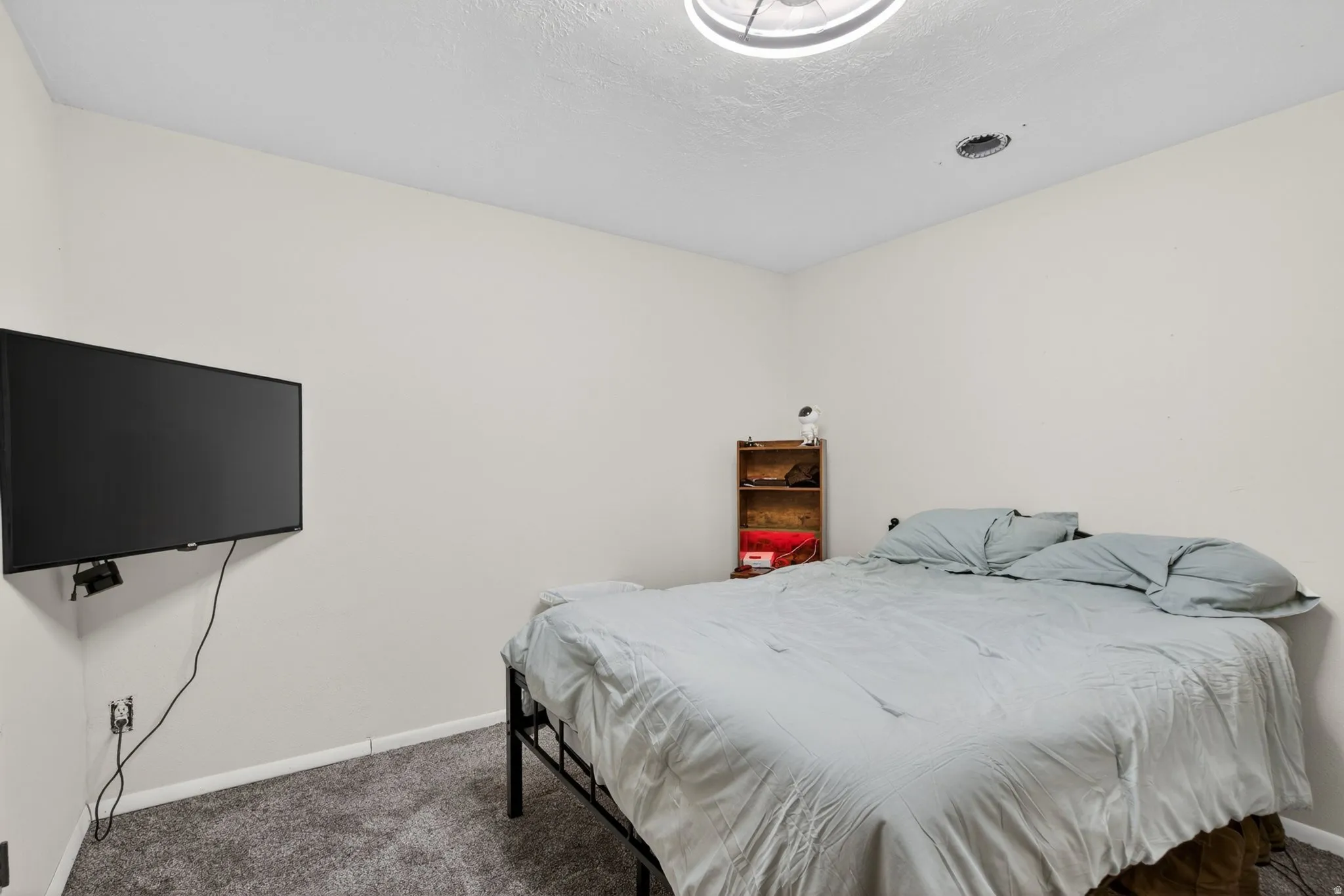 Interior room featuring neutral wall paint, gray carpet flooring, a ceiling-mounted light fixture, and a wall-mounted television bracket