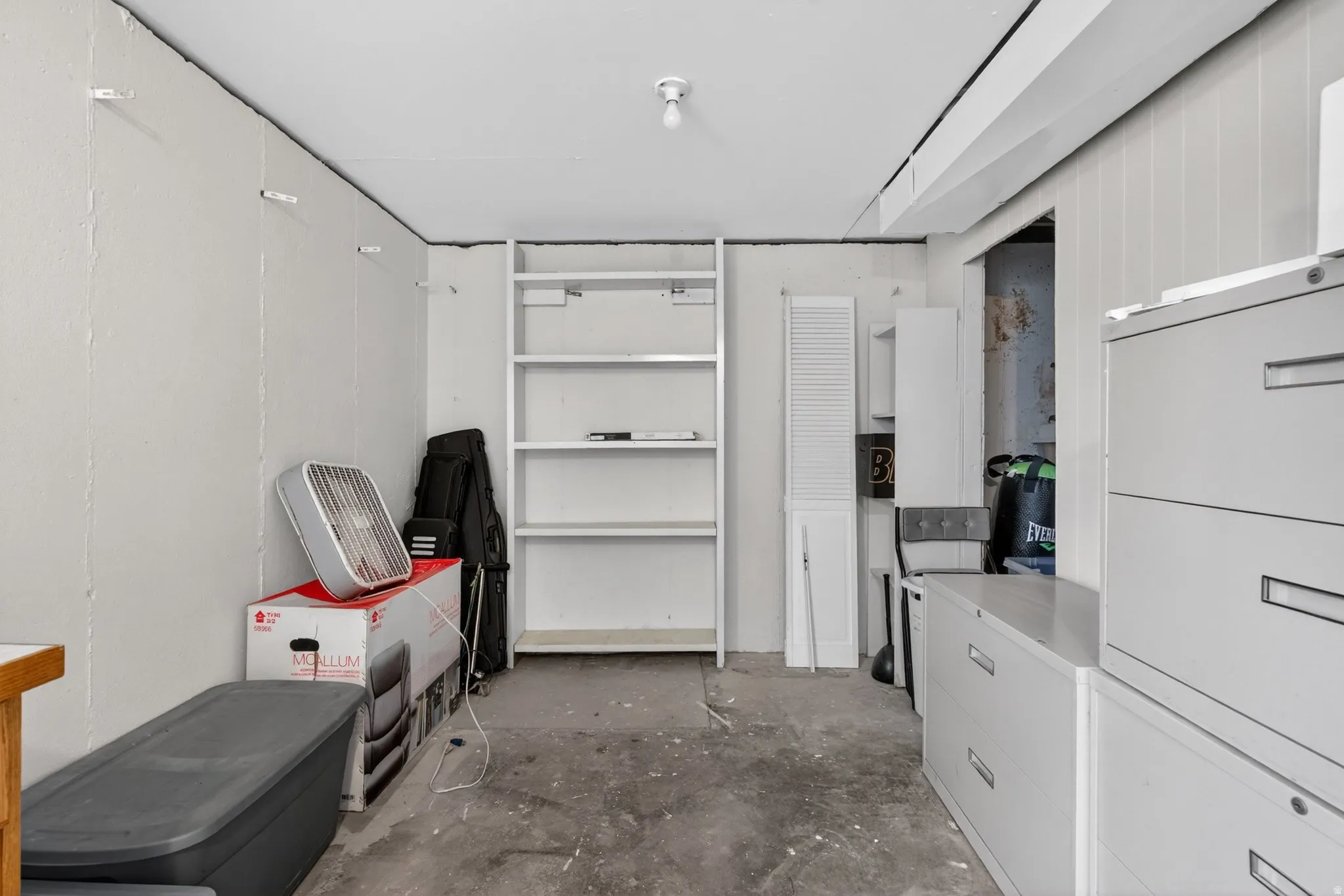 Basement utility space featuring a concrete floor, painted panel walls, exposed ceiling beam, and built-in shelving