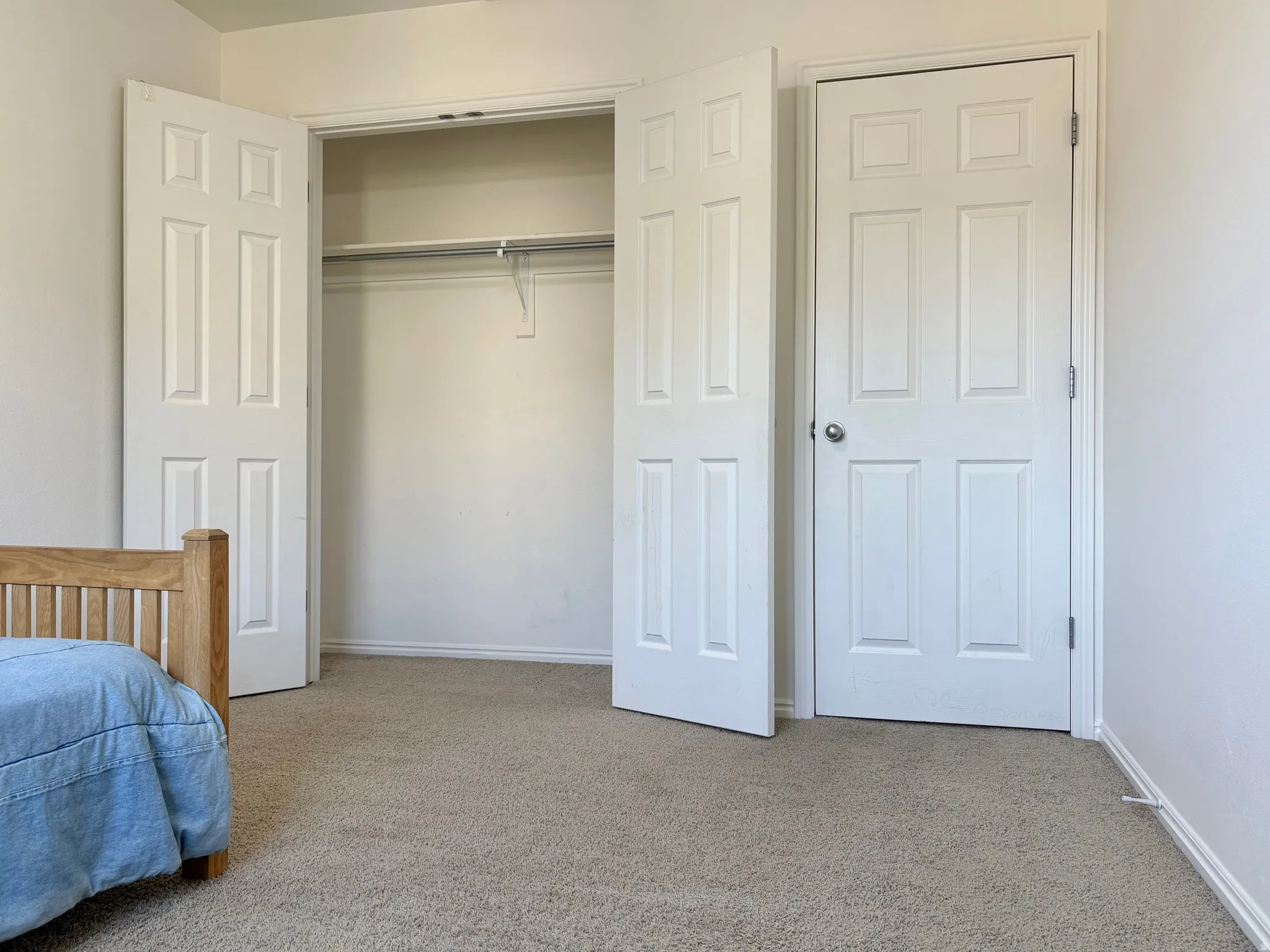 Bedroom featuring plush carpet flooring, white painted walls, and a built-in closet with double bifold doors