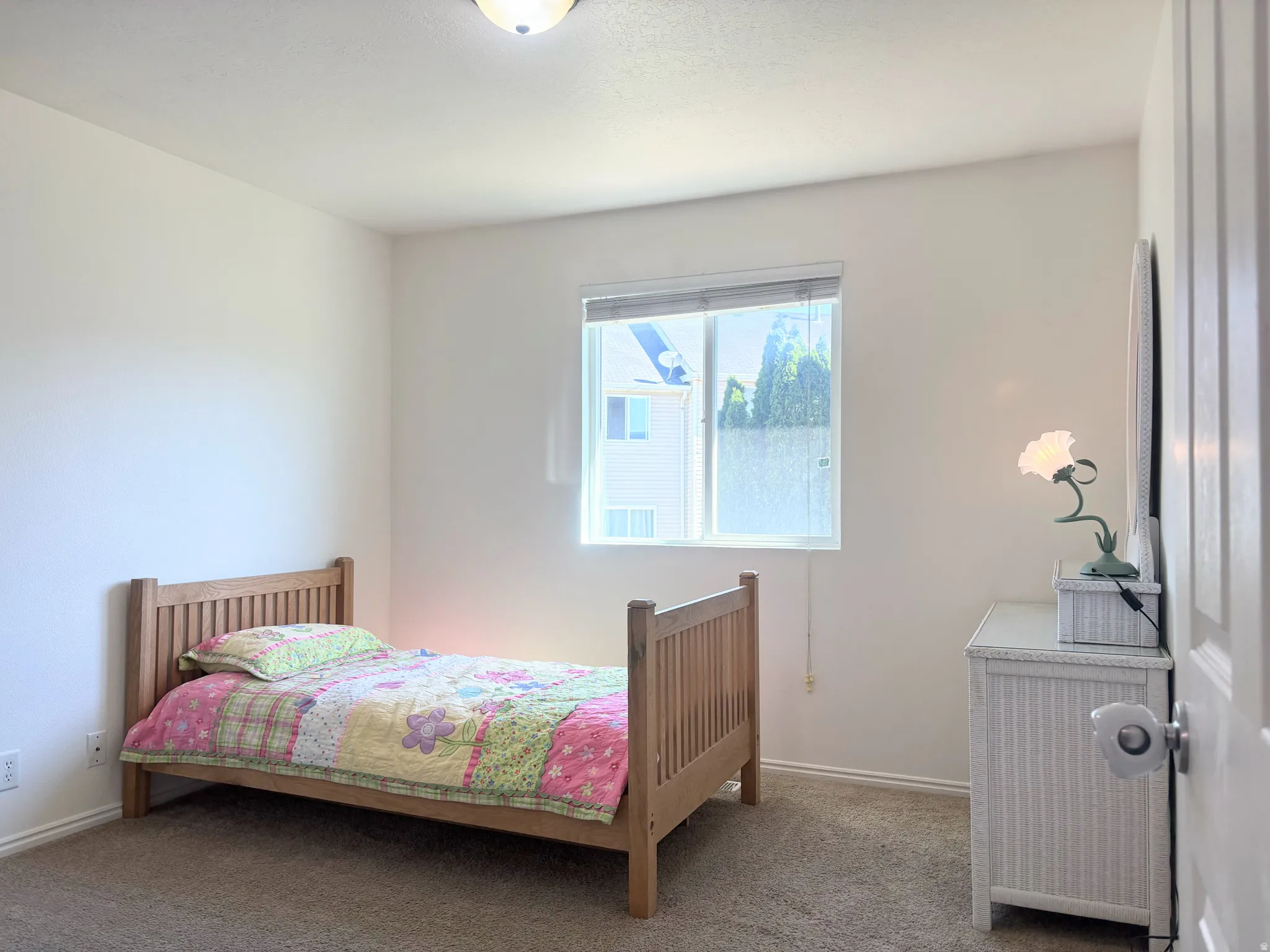 Carpeted room with a single window, white walls, and a ceiling-mounted light fixture