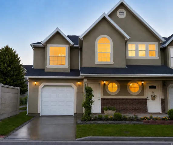 Stucco exterior with a peaked roofline and white trim accents