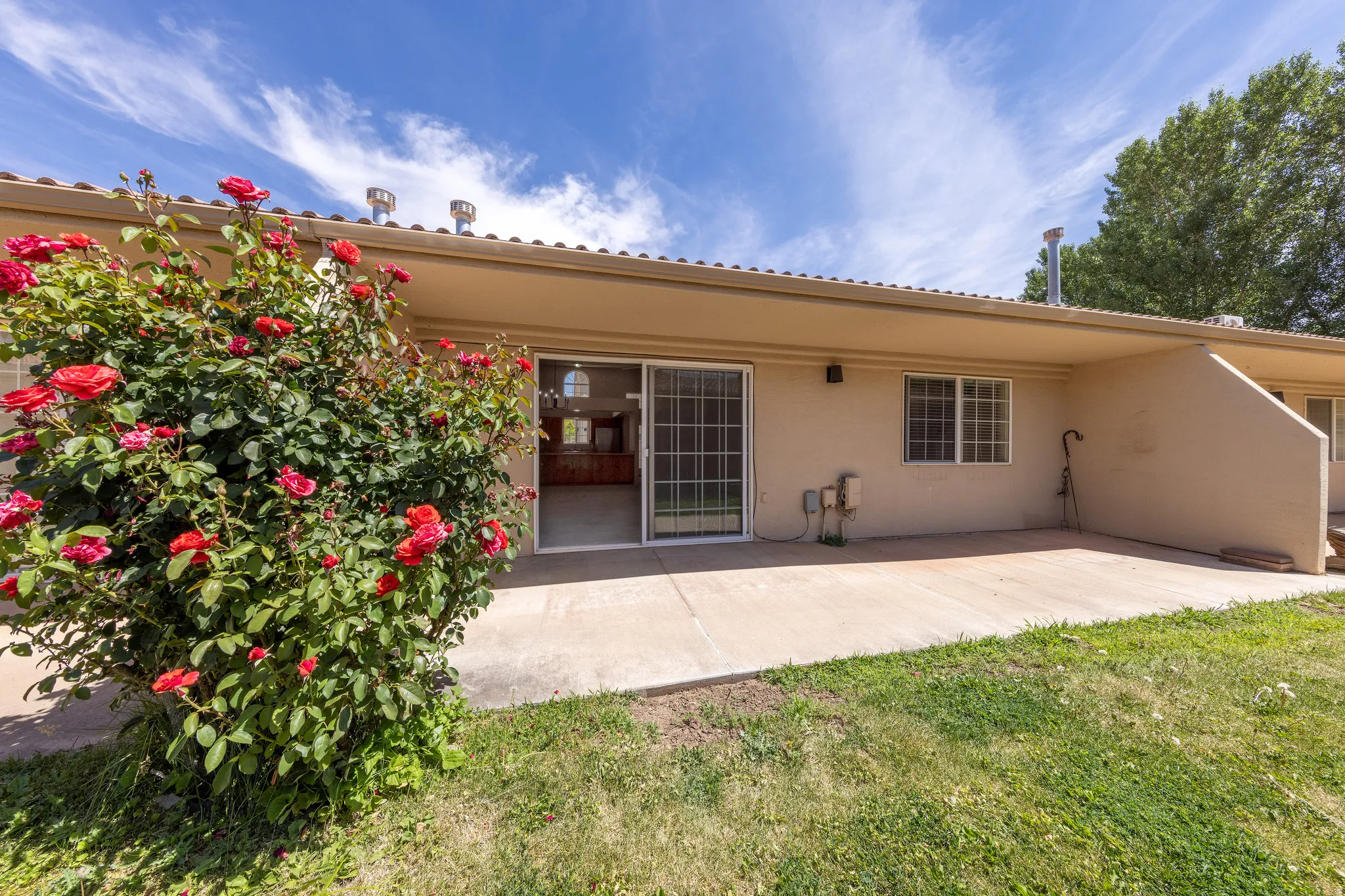 Rear exterior featuring a covered concrete patio, sliding glass door access to interiors, multiple windows, and a mature rose bush
