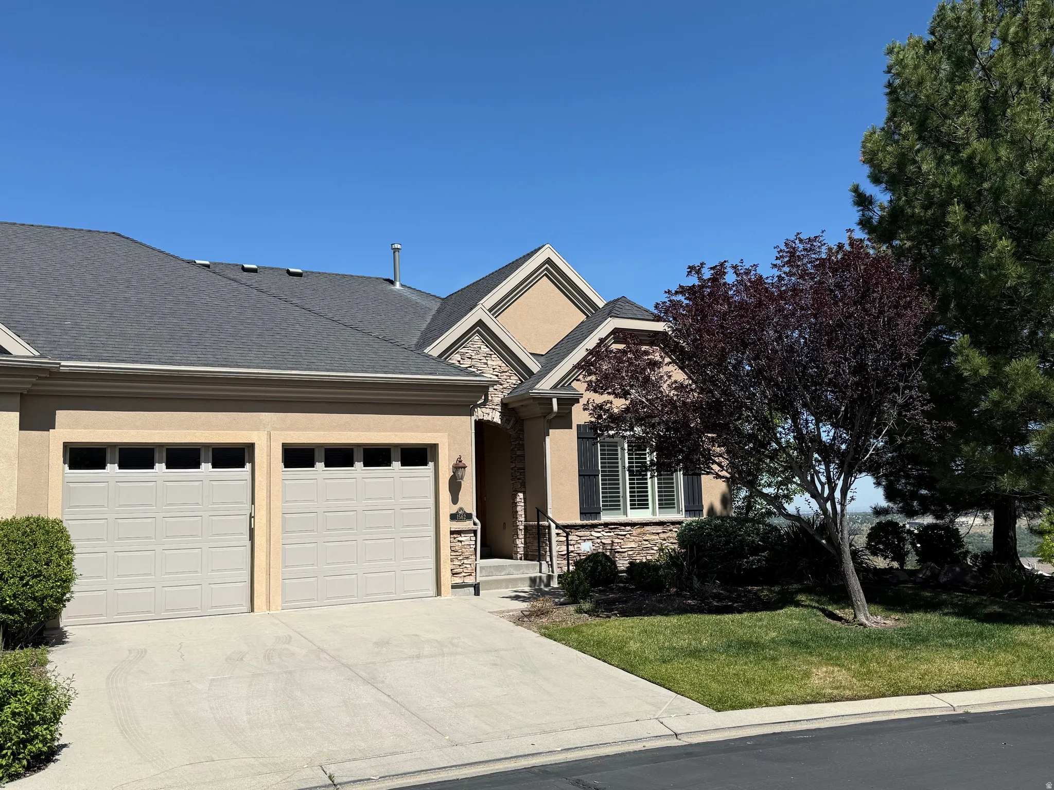 Stucco and stone exterior featuring a two-car garage, dark asphalt shingle roof, and a mature tree providing shade