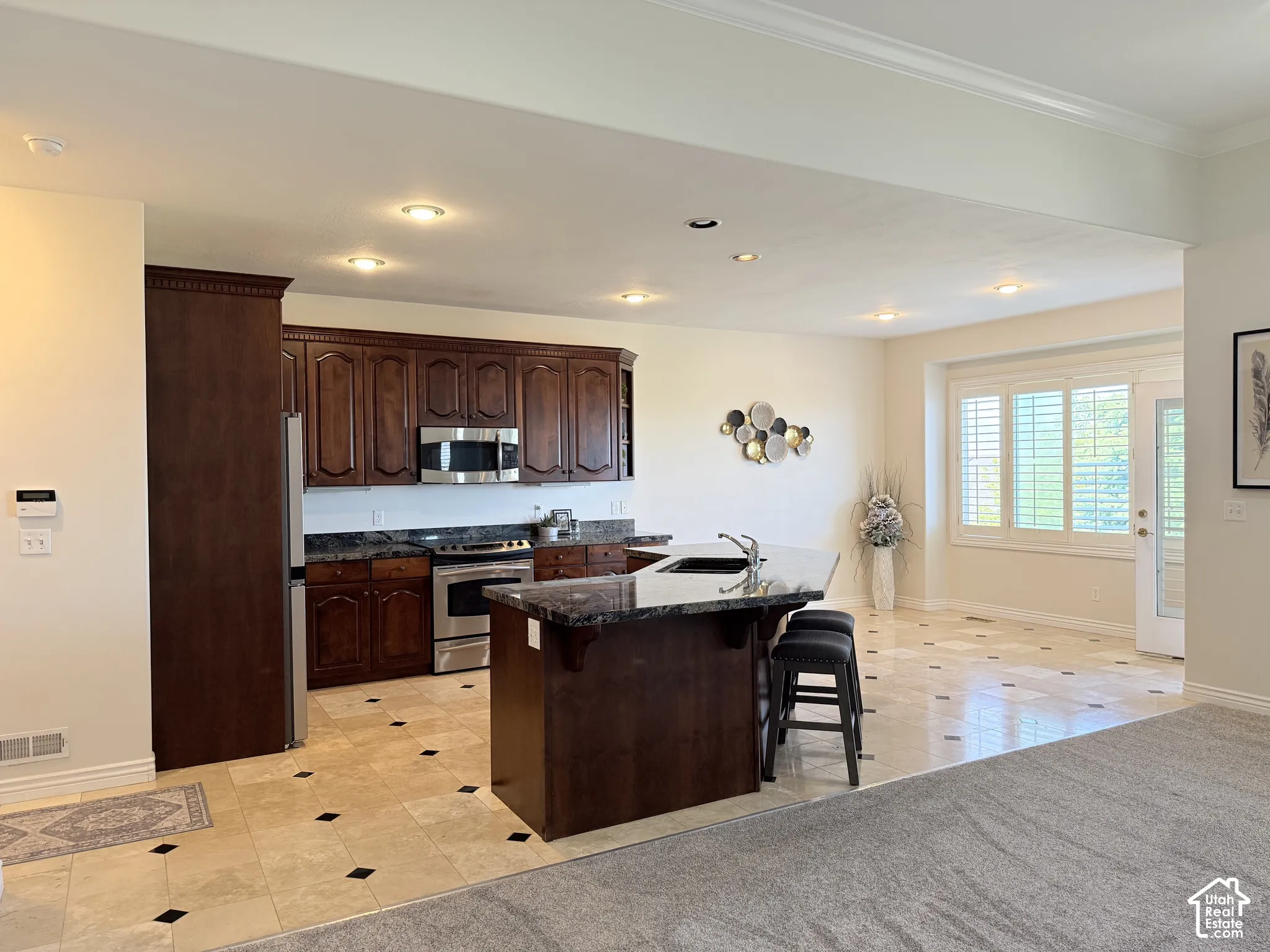 Kitchen featuring dark wood cabinetry, stainless steel appliances, and dark granite countertops
