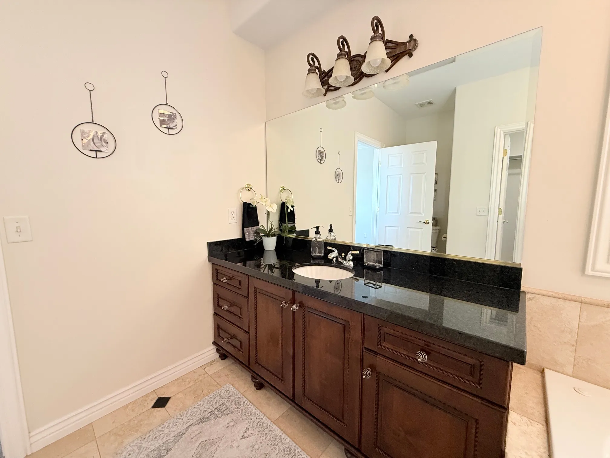 Bathroom vanity featuring a dark wood-finish cabinet with a granite countertop, undermount sink, and a large mirror