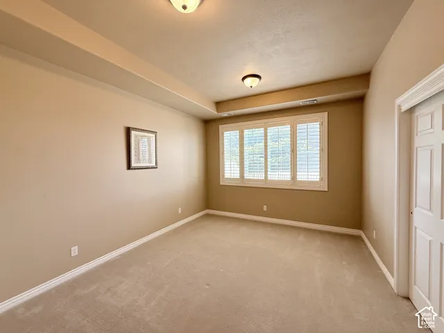 Tray ceiling with recessed lighting, integrated window blinds, and paneled interior door