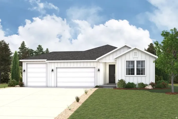 Contemporary farmhouse-style exterior featuring white board and batten siding, a dark asphalt shingle roof, and a two-car garage
