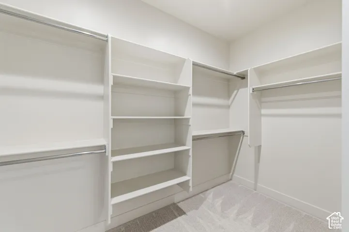 Walk-in closet featuring white built-in shelving, multiple hanging rods, and light-toned carpeting