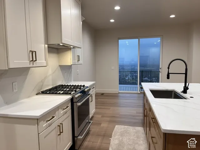 Kitchen featuring white shaker-style cabinetry, a quartz countertop island with a matte black gooseneck faucet, wood-finish flooring, and integrated gas range