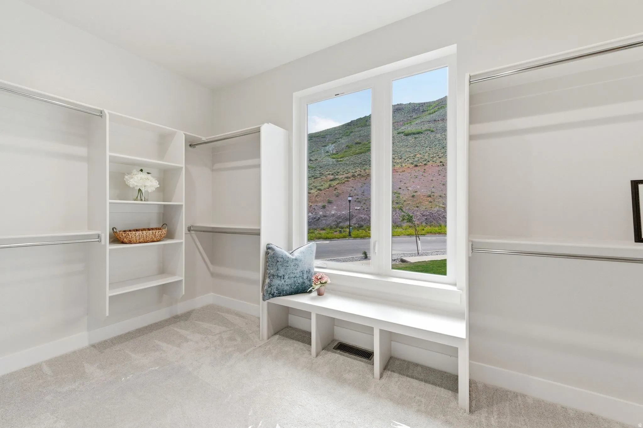 Walk-in closet featuring built-in shelving, hanging rods, an integrated window bench, a large window, and carpet flooring