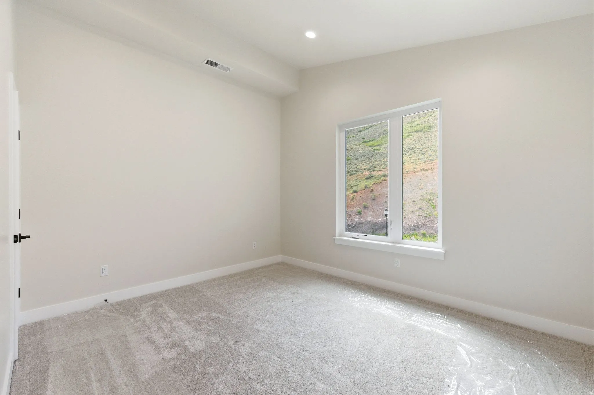 Bright room featuring a large window, recessed lighting, neutral wall tones, white trim, and light grey carpeting