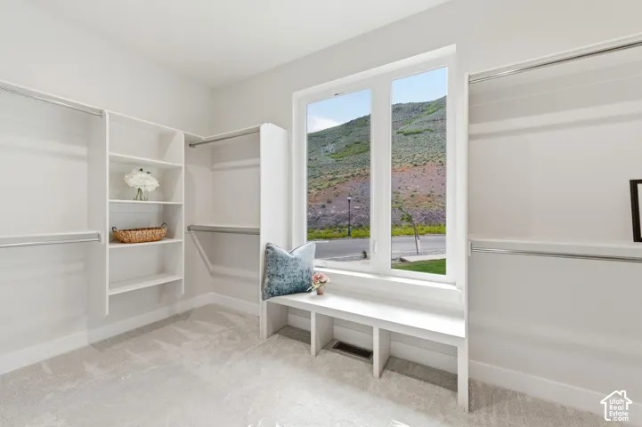 Walk-in closet featuring built-in shelving, hanging rods, an integrated window bench, a large window, and carpet flooring