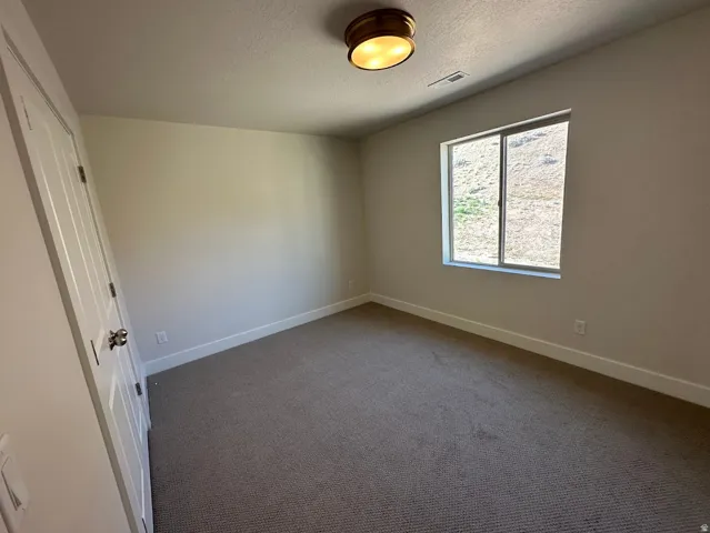 Room featuring broadloom carpeting, a window with a mountain backdrop, a panel door, and a flush mount ceiling light