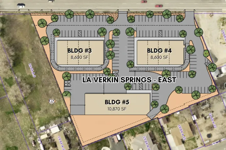 Site Plan. Illustrating the layout of multiple buildings, parking areas, and landscape elements for the property