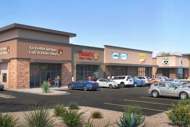Artistic Rendering - Modern retail center featuring multiple storefronts with stone and stucco exteriors