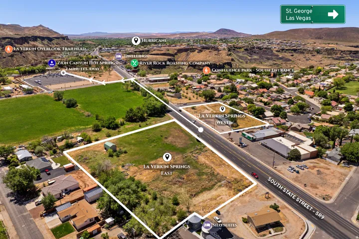 Aerial perspective showcasing multiple land parcels bordering South State Street - SR9