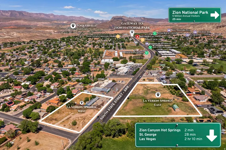 Aerial view showcasing two expansive land parcels, "La Verkin Springs West" and "La Verkin Springs East," positioned along South State Street - SR9